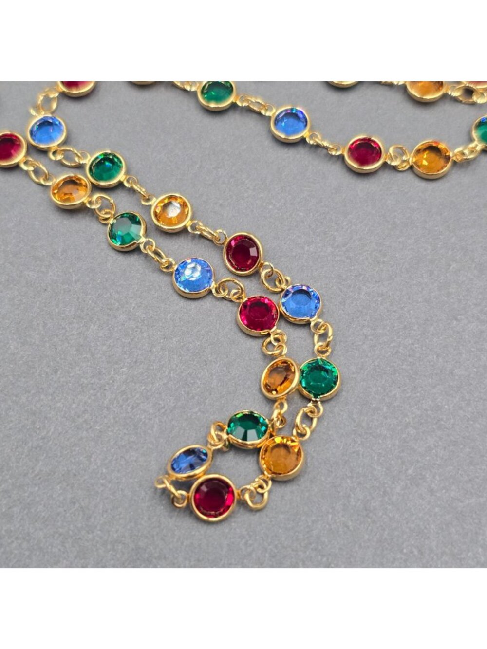 Gold Plated Multi Color Crystal Station Necklace 28" Bezel Glass Disk - Picture 4 of 8